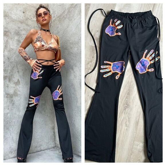 90s Low Rise Handprint Print Crisscross Tie Back Flare Leg Pants Size Medium - Picture 1 of 11